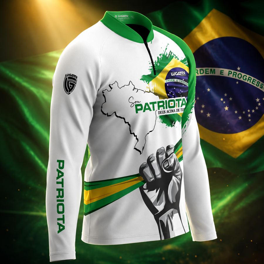 Camisa Sou Patriota vestida, detalhe da manga bordada
